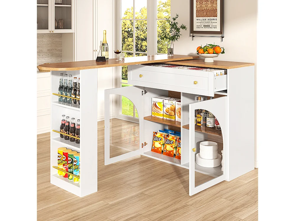 Buffet de cuisine table de bar extensible espace rangement pivotante 360° table de bar mobile moderne table bistrot étagères verre blanc