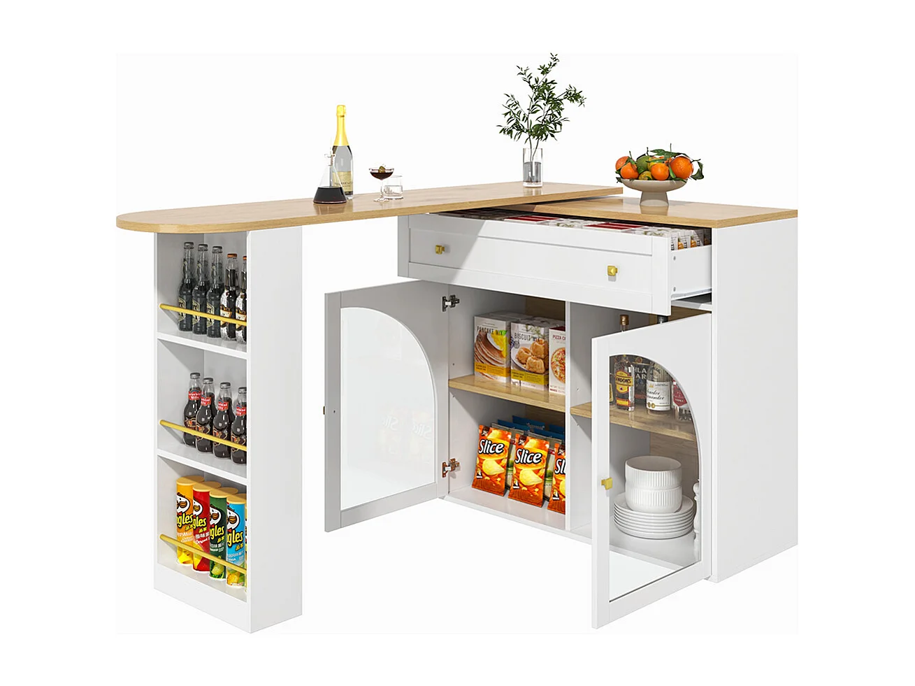 Buffet de cuisine table de bar extensible espace rangement pivotante 360° table de bar mobile moderne table bistrot étagères verre blanc