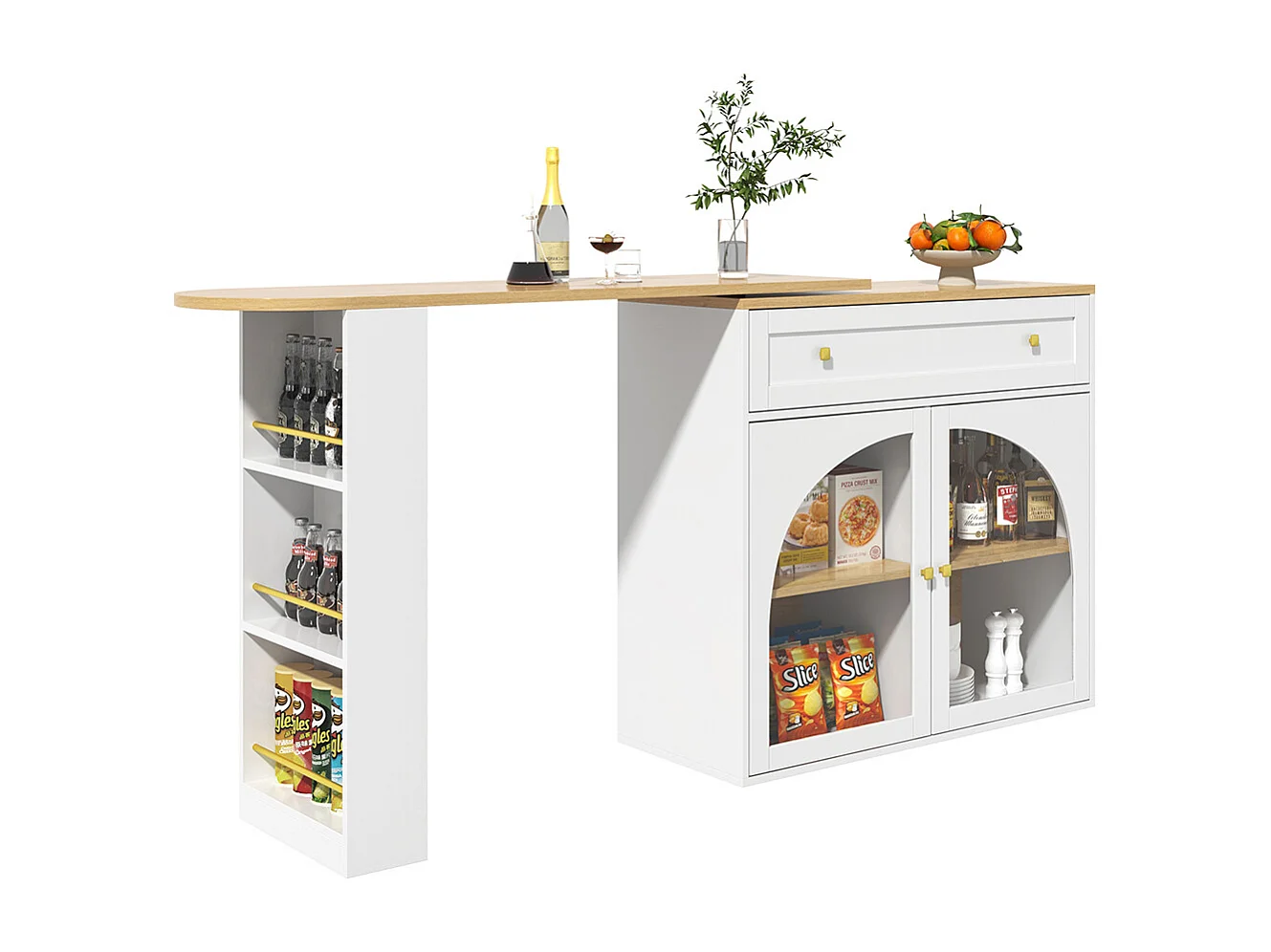 Buffet de cuisine table de bar extensible espace rangement pivotante 360° table de bar mobile moderne table bistrot étagères verre blanc