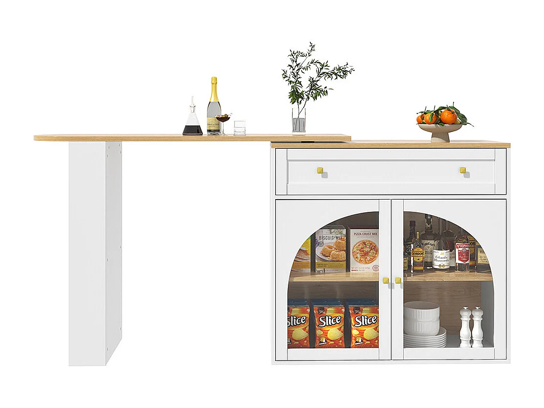 Buffet de cuisine table de bar extensible espace rangement pivotante 360° table de bar mobile moderne table bistrot étagères verre blanc