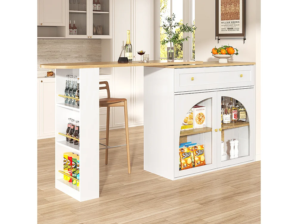 Buffet de cuisine table de bar extensible espace rangement pivotante 360° table de bar mobile moderne table bistrot étagères verre blanc