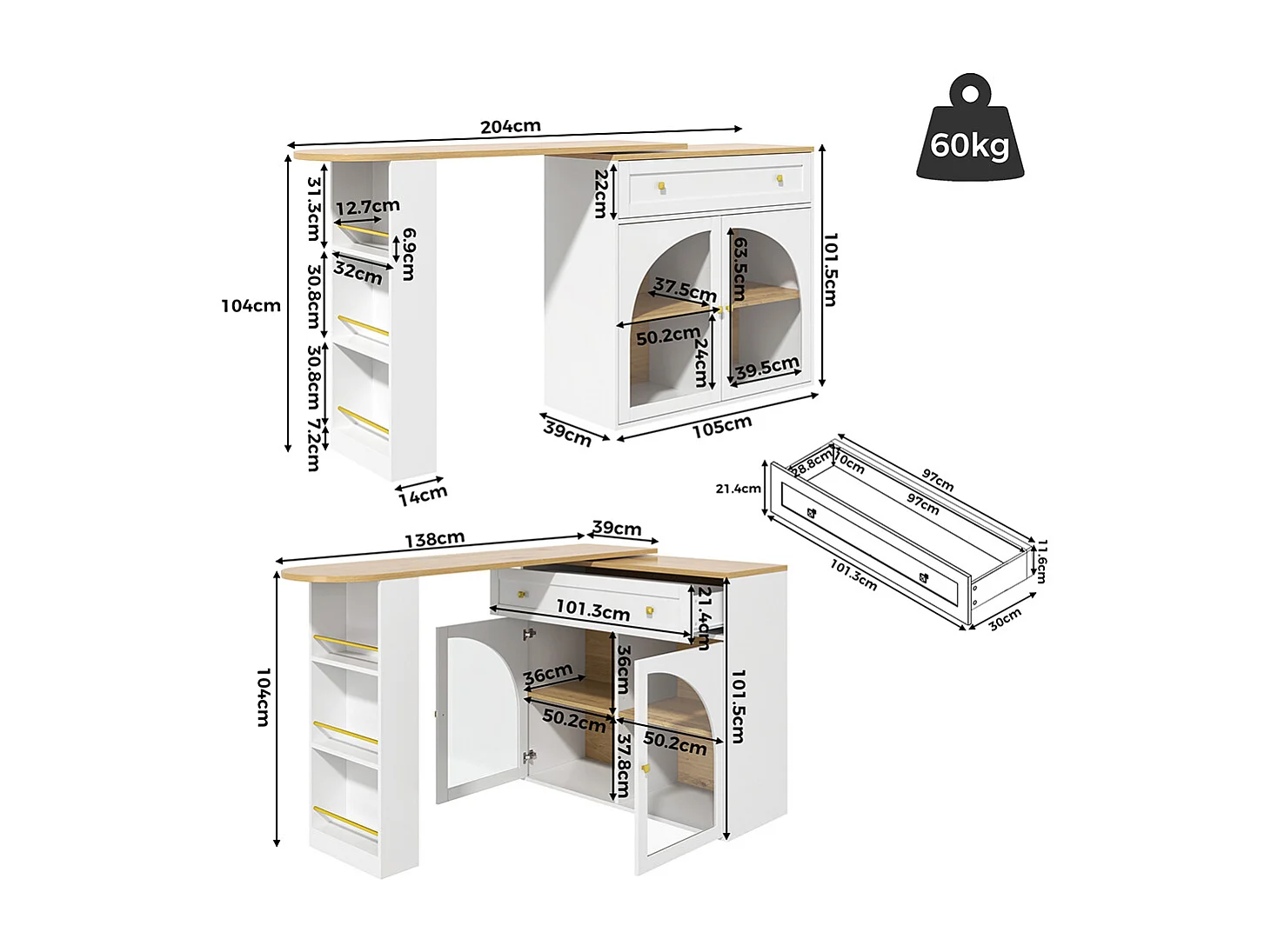 Buffet de cuisine table de bar extensible espace rangement pivotante 360° table de bar mobile moderne table bistrot étagères verre blanc