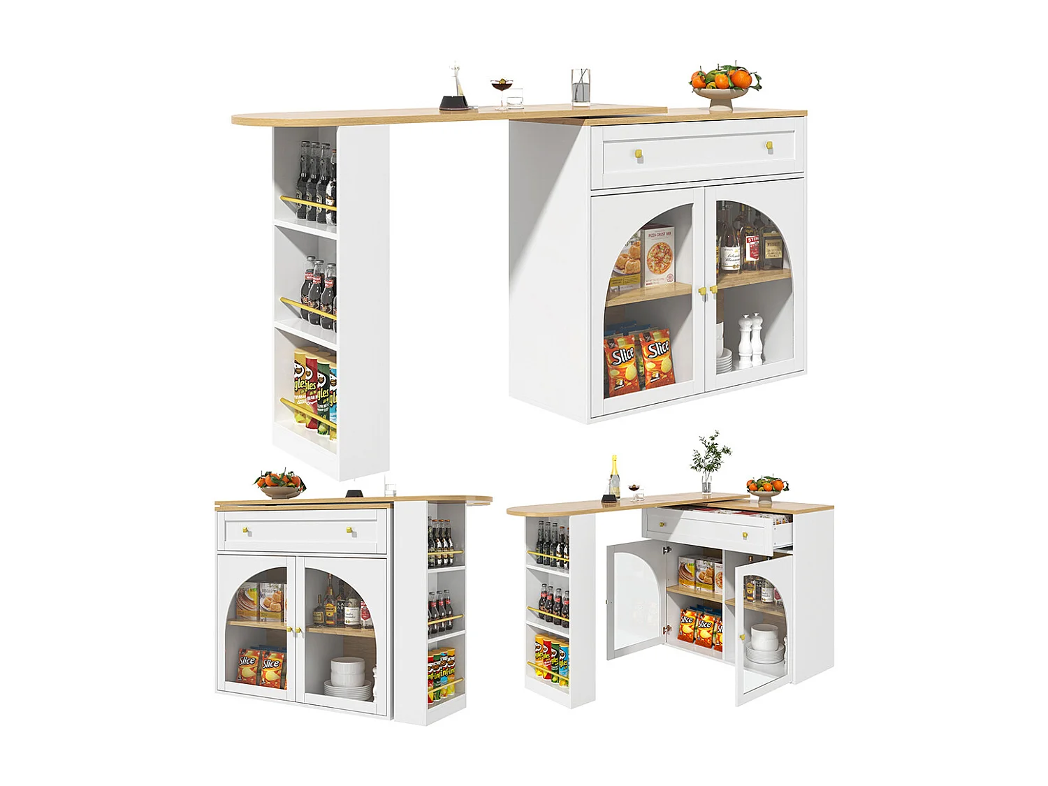 Buffet de cuisine table de bar extensible espace rangement pivotante 360° table de bar mobile moderne table bistrot étagères verre blanc