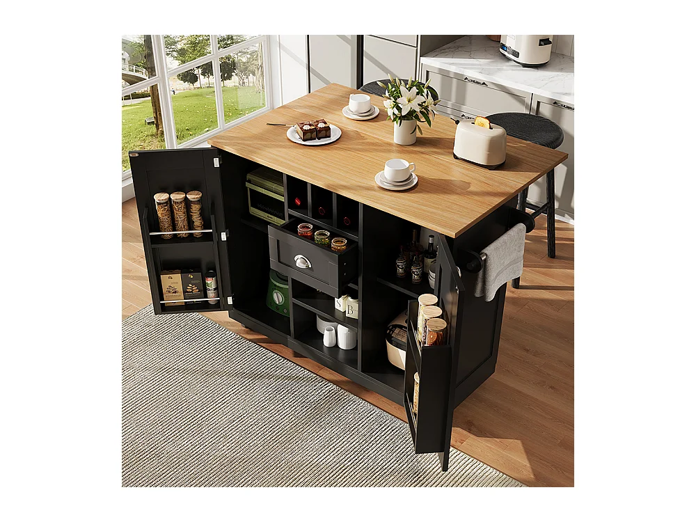 Buffet de cuisine chariot salle à manger plan de travail veinure bois porte-serviettes latéral casier à vin roulettes noir