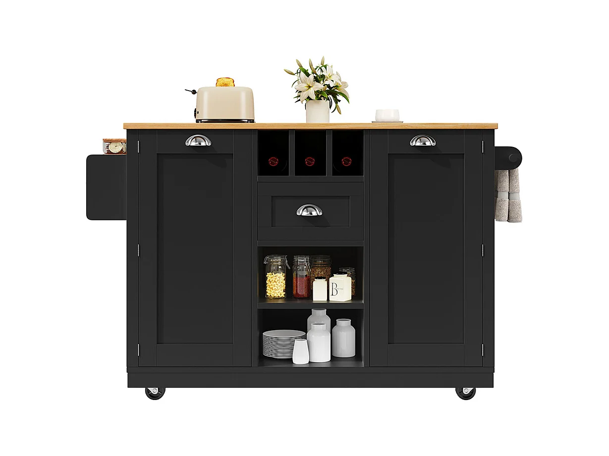 Buffet de cuisine chariot salle à manger plan de travail veinure bois porte-serviettes latéral casier à vin roulettes noir