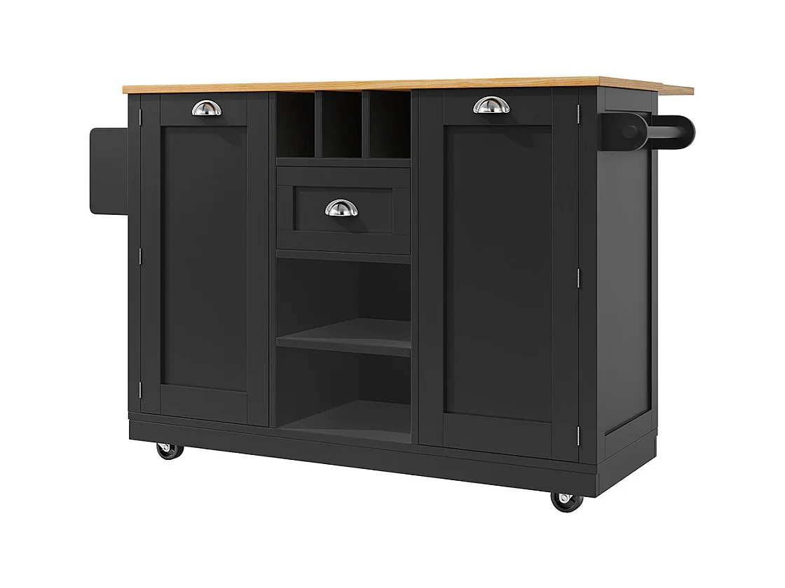 Buffet de cuisine chariot salle à manger plan de travail veinure bois porte-serviettes latéral casier à vin roulettes noir