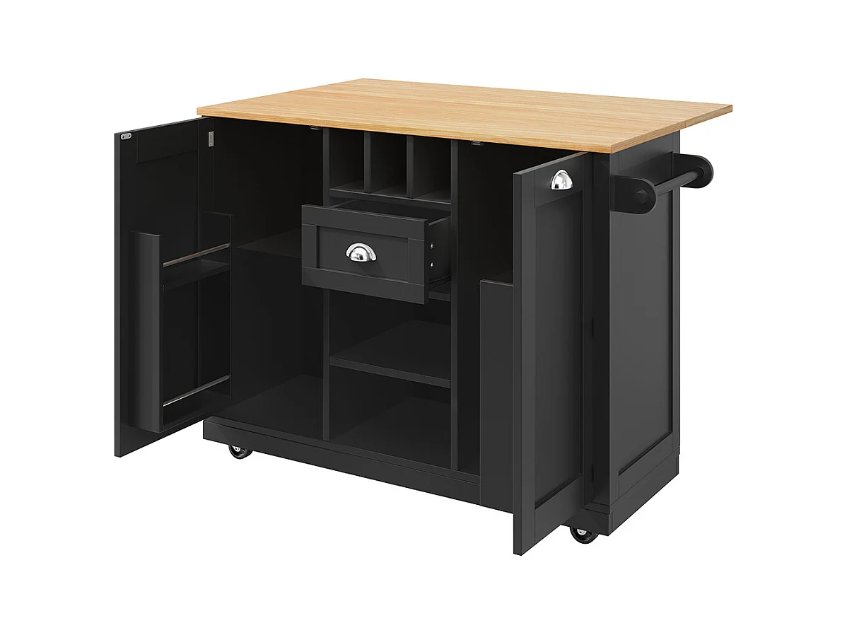 Buffet de cuisine chariot salle à manger plan de travail veinure bois porte-serviettes latéral casier à vin roulettes noir