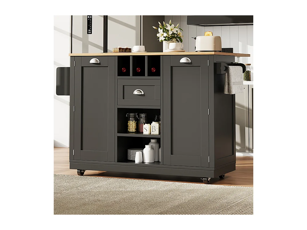 Buffet de cuisine chariot salle à manger plan de travail veinure bois porte-serviettes latéral casier à vin roulettes noir