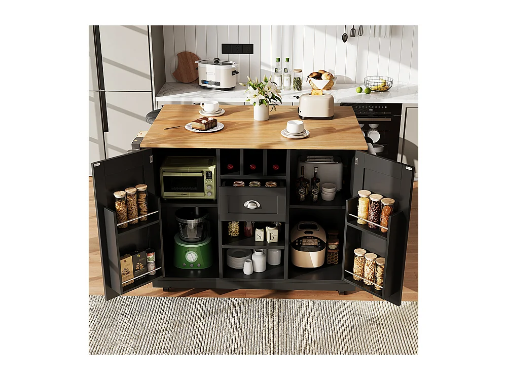 Buffet de cuisine chariot salle à manger plan de travail veinure bois porte-serviettes latéral casier à vin roulettes noir