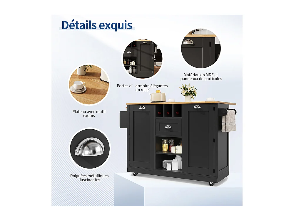 Buffet de cuisine chariot salle à manger plan de travail veinure bois porte-serviettes latéral casier à vin roulettes noir