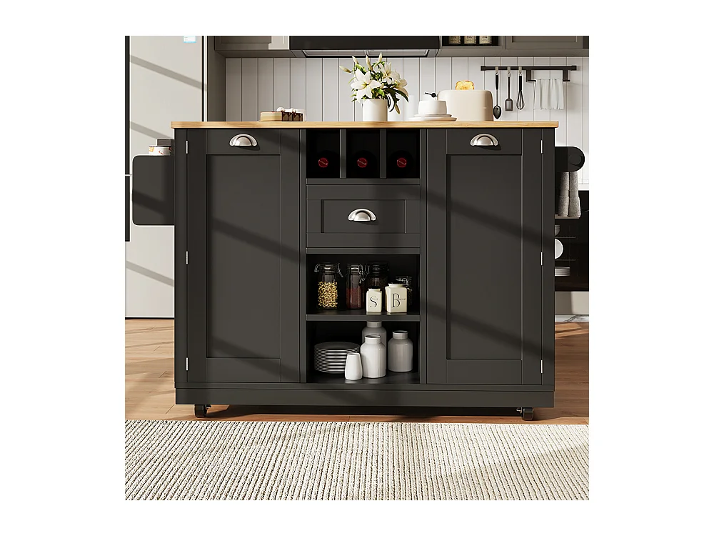 Buffet de cuisine chariot salle à manger plan de travail veinure bois porte-serviettes latéral casier à vin roulettes noir