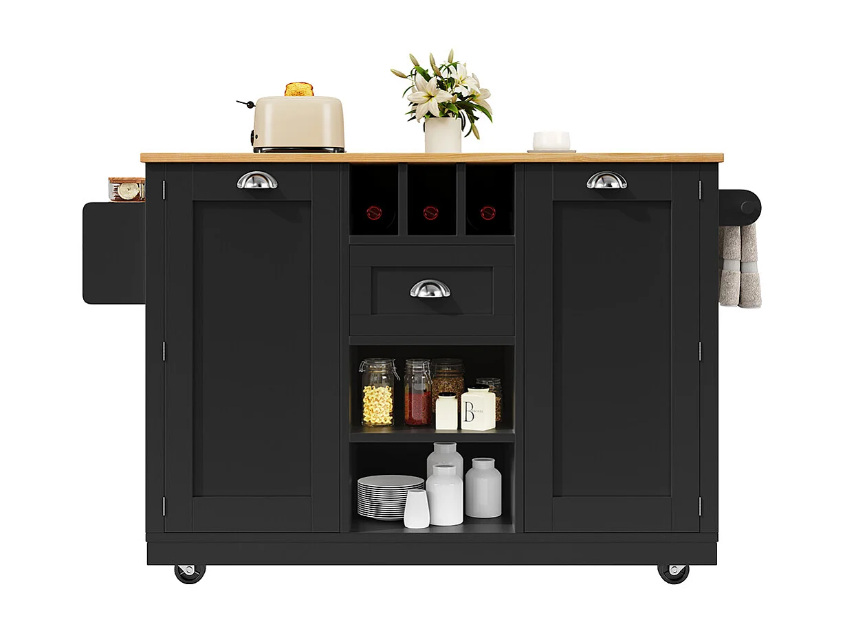 Buffet de cuisine chariot salle à manger plan de travail veinure bois porte-serviettes latéral casier à vin roulettes noir