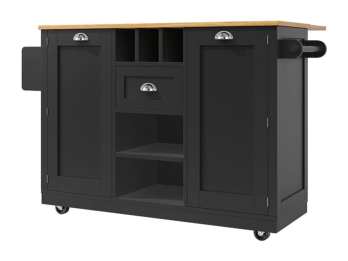 Buffet de cuisine chariot salle à manger plan de travail veinure bois porte-serviettes latéral casier à vin roulettes noir