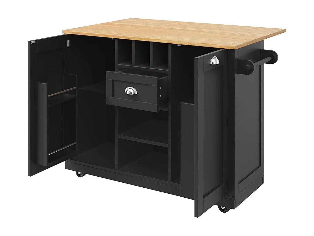 Buffet de cuisine chariot salle à manger plan de travail veinure bois porte-serviettes latéral casier à vin roulettes noir