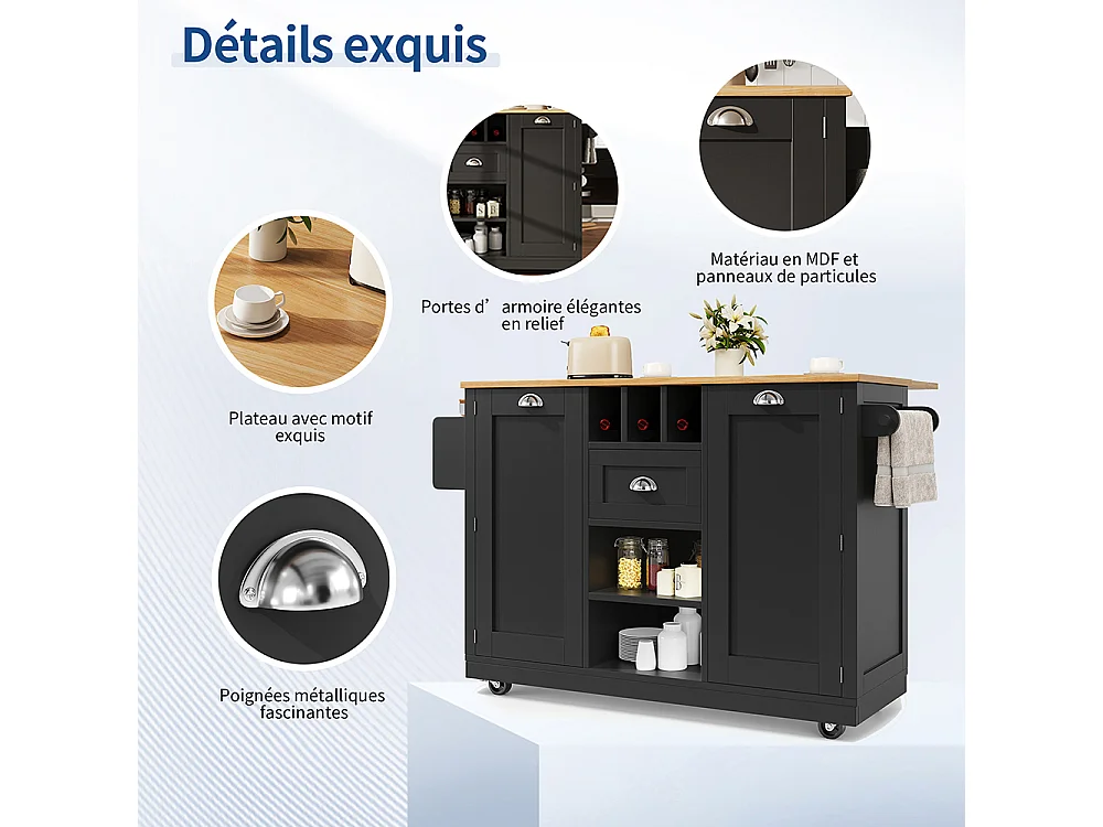 Buffet de cuisine chariot salle à manger plan de travail veinure bois porte-serviettes latéral casier à vin roulettes noir