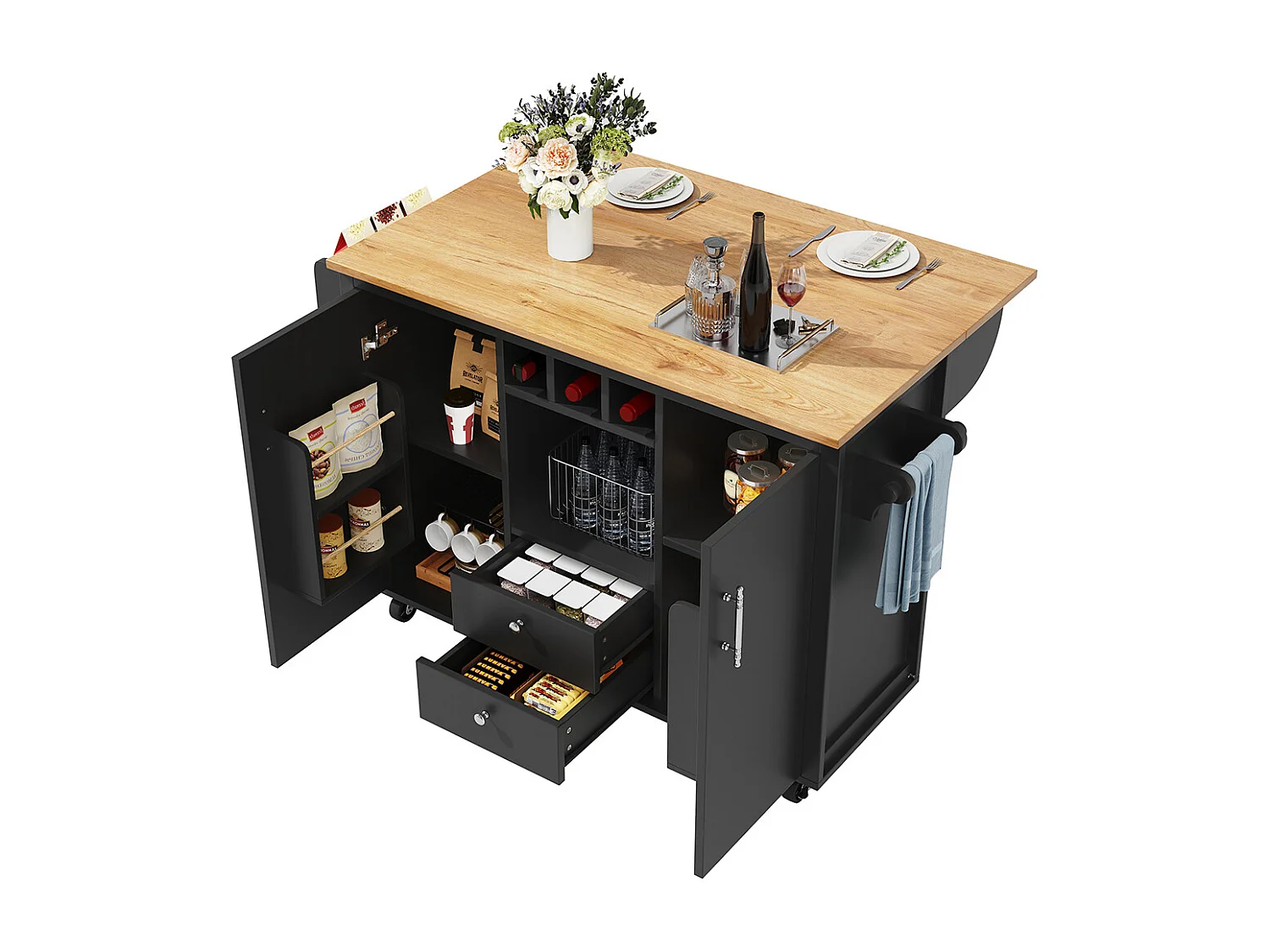 Buffet de cuisine chariot cuisine plan travail rabattable porte-serviettes étagère épices étagère porte casier bouteilles étagères réglables noir