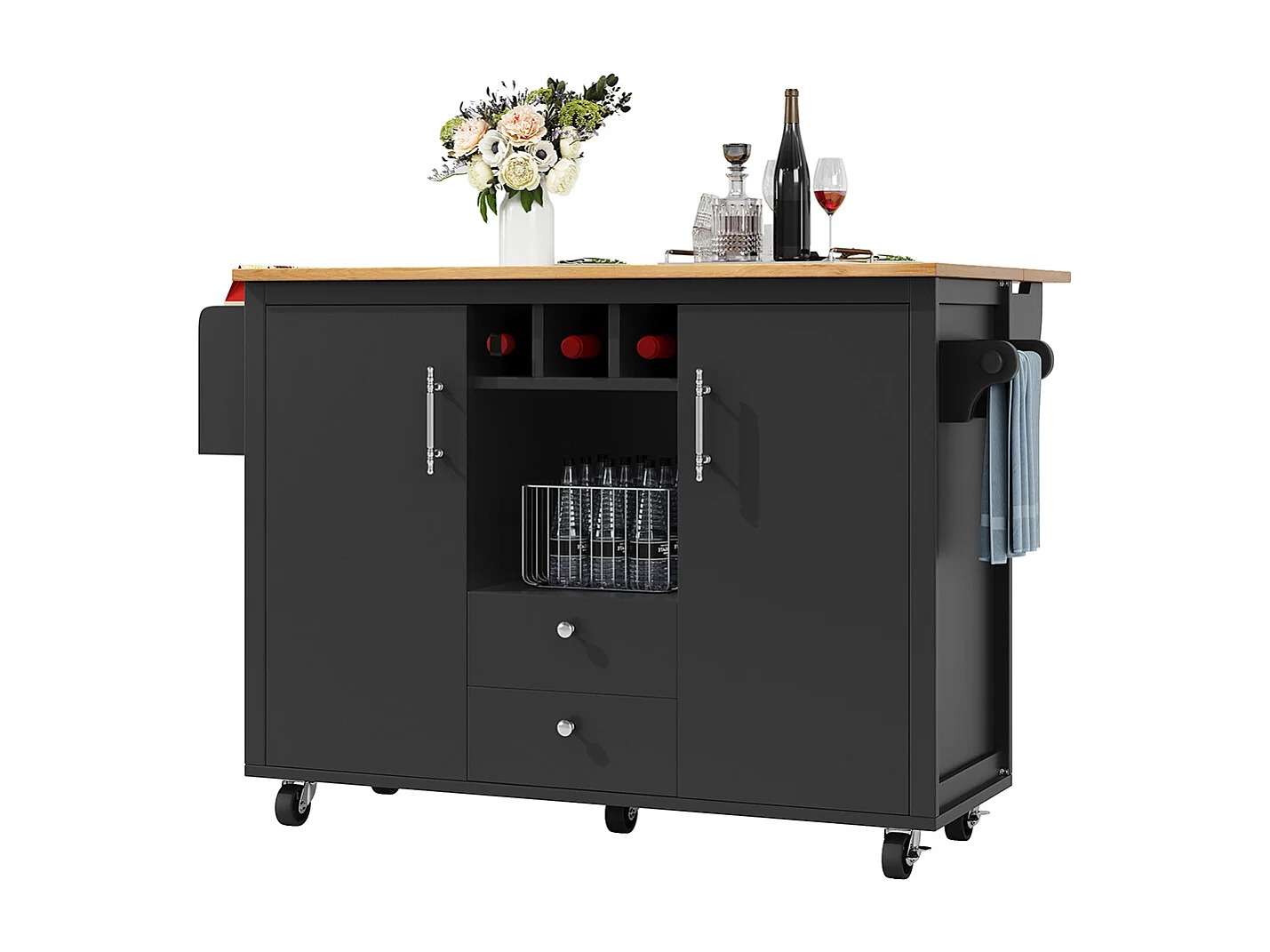 Buffet de cuisine chariot cuisine plan travail rabattable porte-serviettes étagère épices étagère porte casier bouteilles étagères réglables noir