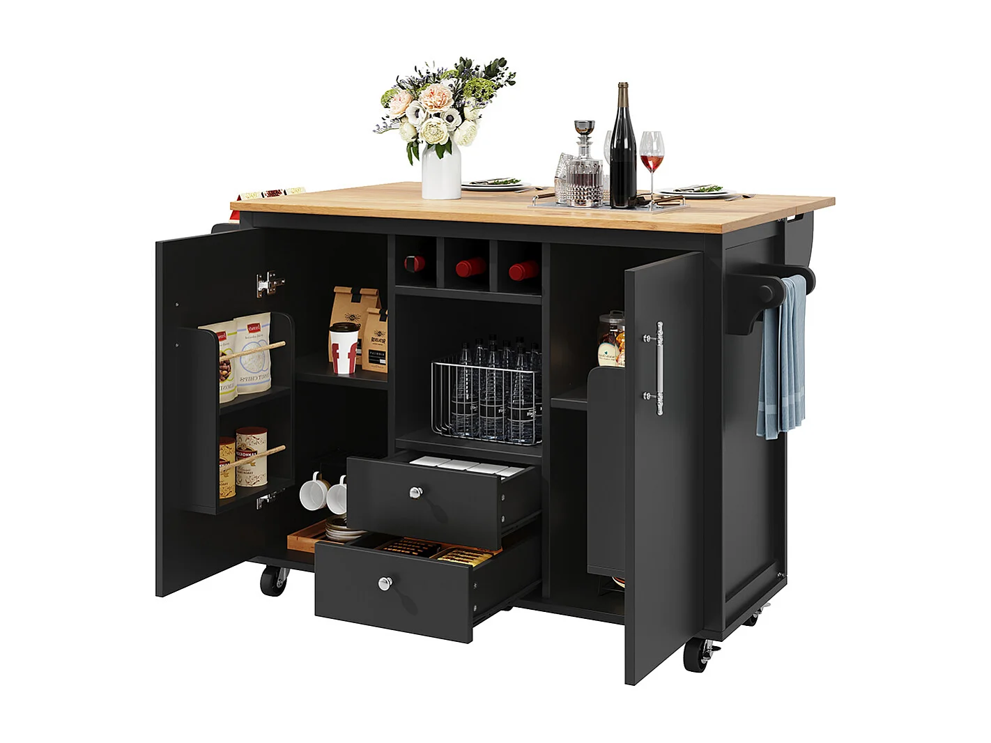 Buffet de cuisine chariot cuisine plan travail rabattable porte-serviettes étagère épices étagère porte casier bouteilles étagères réglables noir