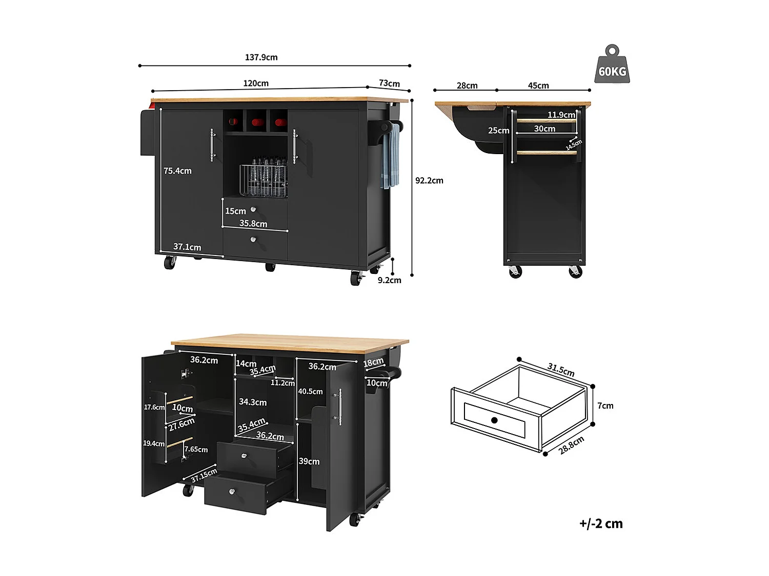 Buffet de cuisine chariot cuisine plan travail rabattable porte-serviettes étagère épices étagère porte casier bouteilles étagères réglables noir