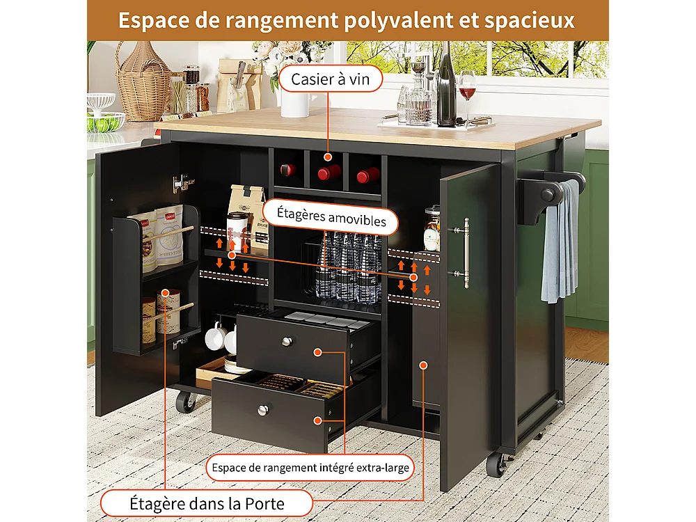 Buffet de cuisine chariot cuisine plan travail rabattable porte-serviettes étagère épices étagère porte casier bouteilles étagères réglables noir