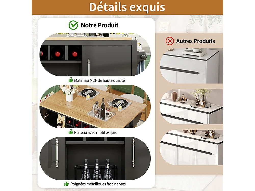 Buffet de cuisine chariot cuisine plan travail rabattable porte-serviettes étagère épices étagère porte casier bouteilles étagères réglables noir