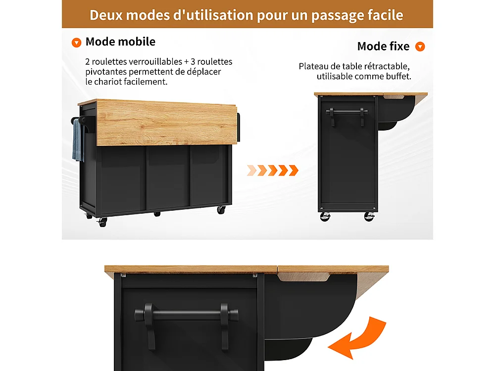 Buffet de cuisine chariot cuisine plan travail rabattable porte-serviettes étagère épices étagère porte casier bouteilles étagères réglables noir