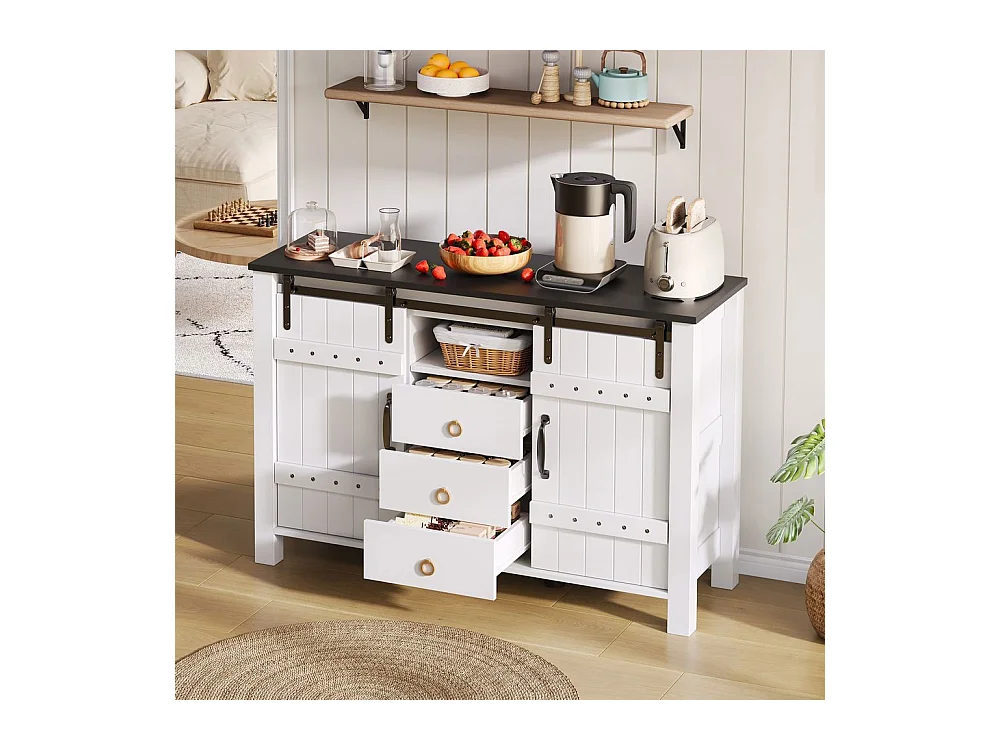 Buffet de cuisine espace rangement portes coulissantes 3 tiroirs bar café rustique bois blanc adapté cuisine salle à manger salon