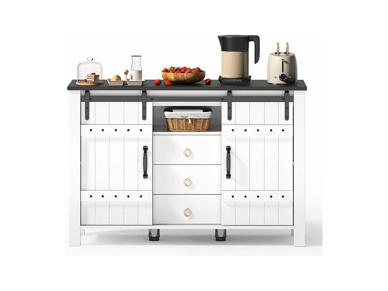 Buffet de cuisine espace rangement portes coulissantes 3 tiroirs bar café rustique bois blanc adapté cuisine salle à manger salon