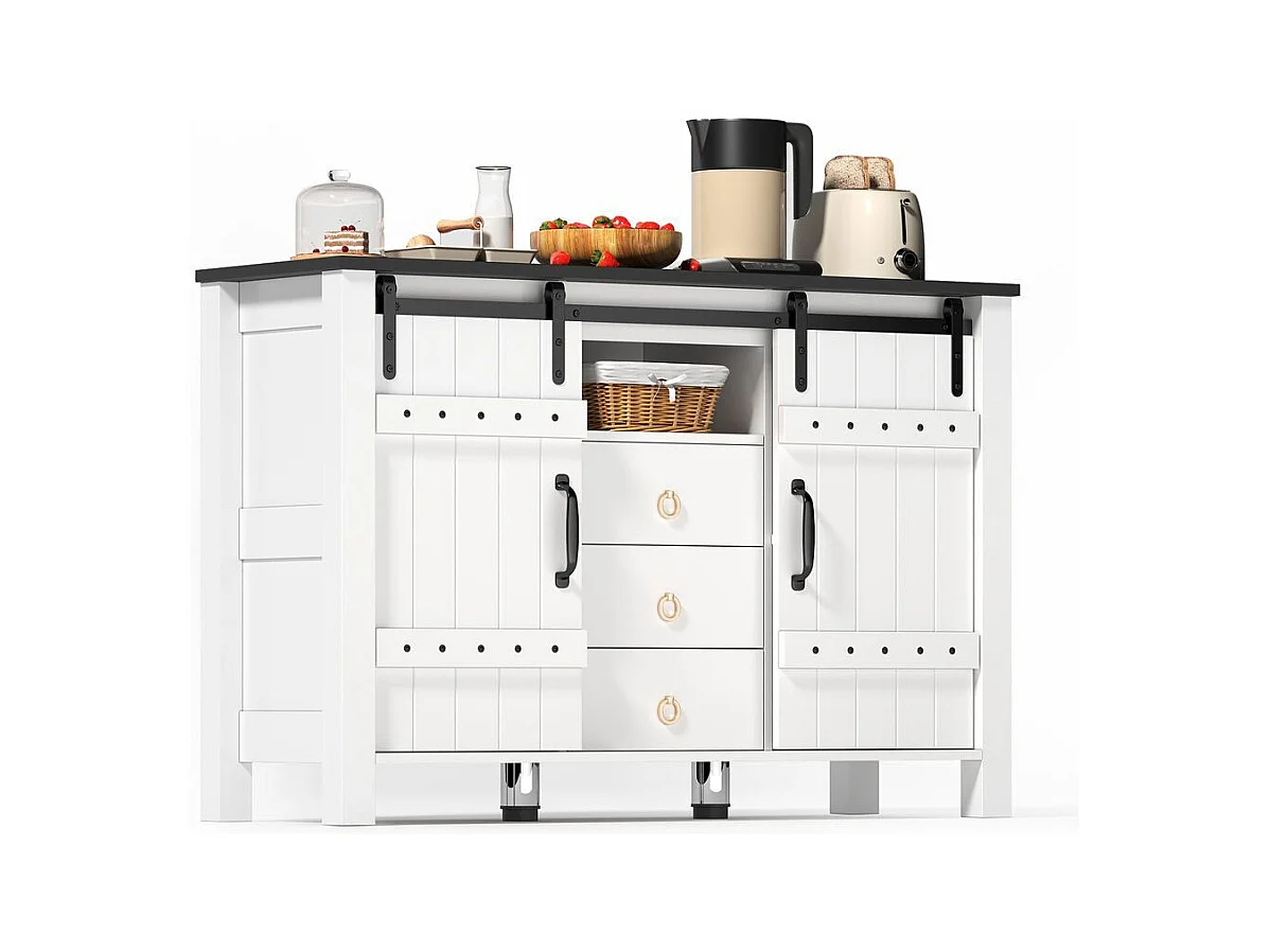 Buffet de cuisine espace rangement portes coulissantes 3 tiroirs bar café rustique bois blanc adapté cuisine salle à manger salon