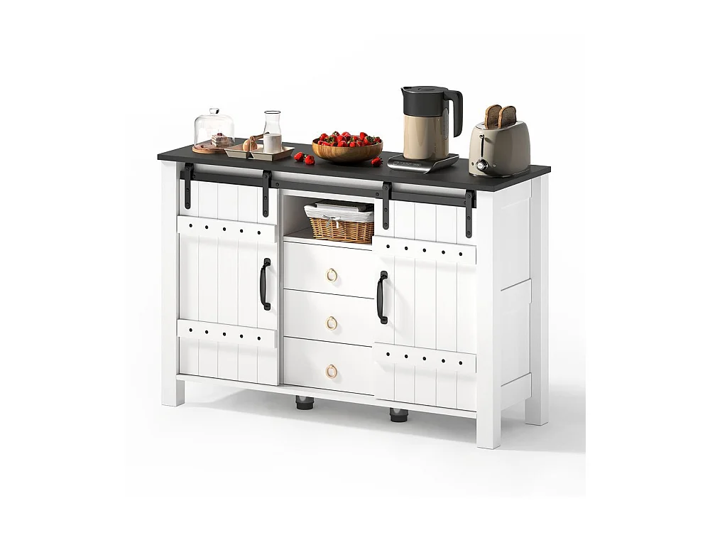 Buffet de cuisine espace rangement portes coulissantes 3 tiroirs bar café rustique bois blanc adapté cuisine salle à manger salon