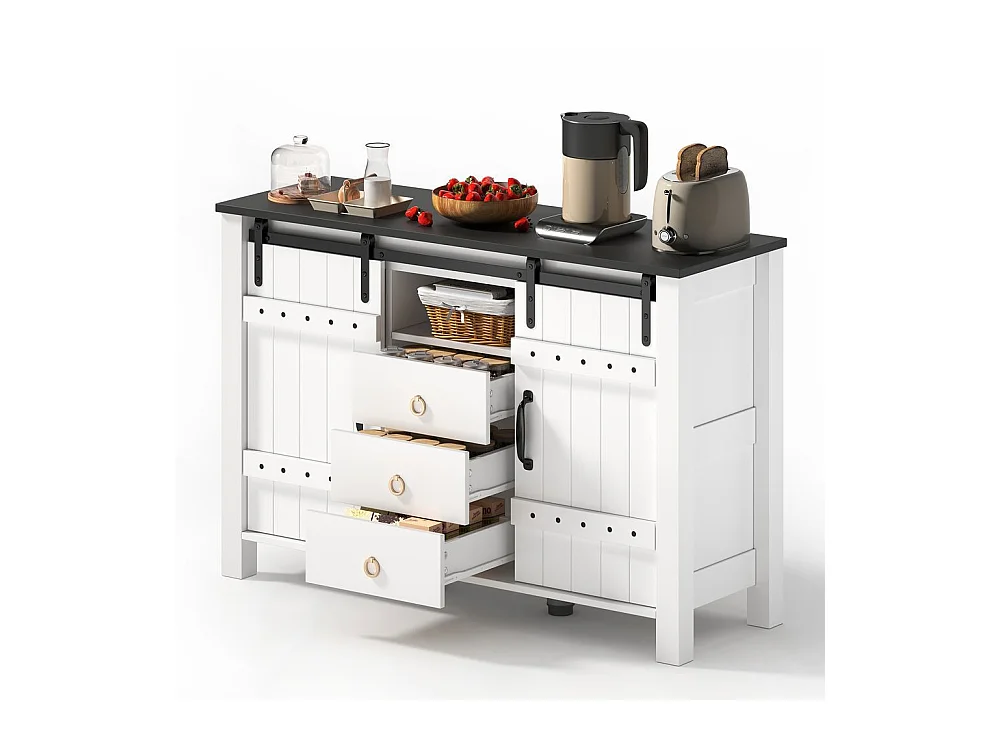 Buffet de cuisine espace rangement portes coulissantes 3 tiroirs bar café rustique bois blanc adapté cuisine salle à manger salon