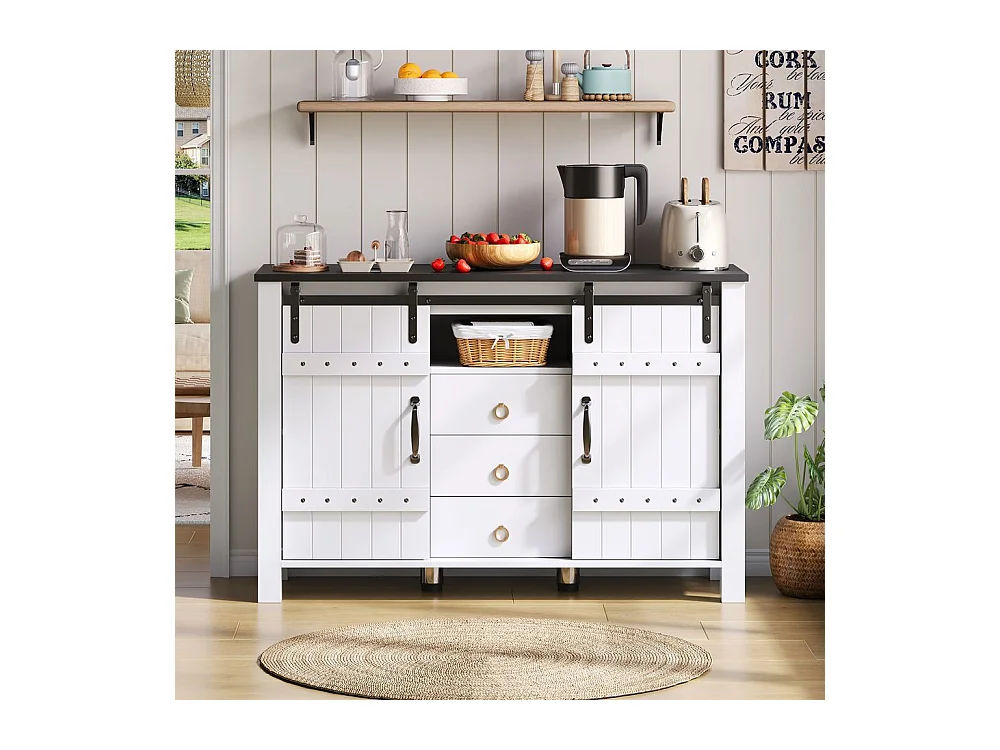 Buffet de cuisine espace rangement portes coulissantes 3 tiroirs bar café rustique bois blanc adapté cuisine salle à manger salon
