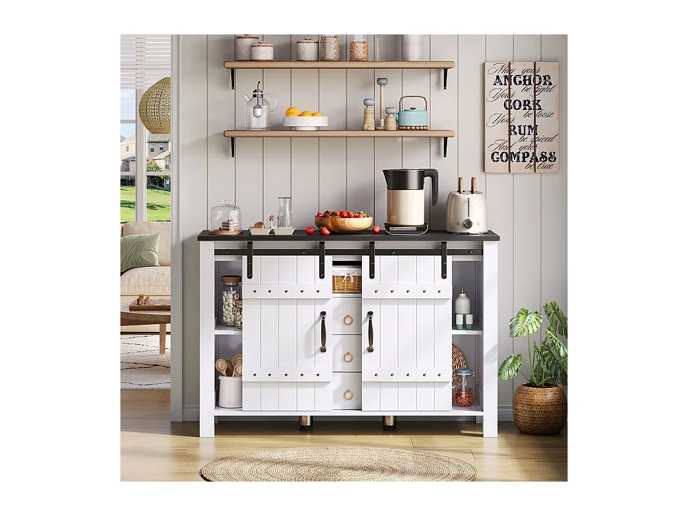 Buffet de cuisine espace rangement portes coulissantes 3 tiroirs bar café rustique bois blanc adapté cuisine salle à manger salon