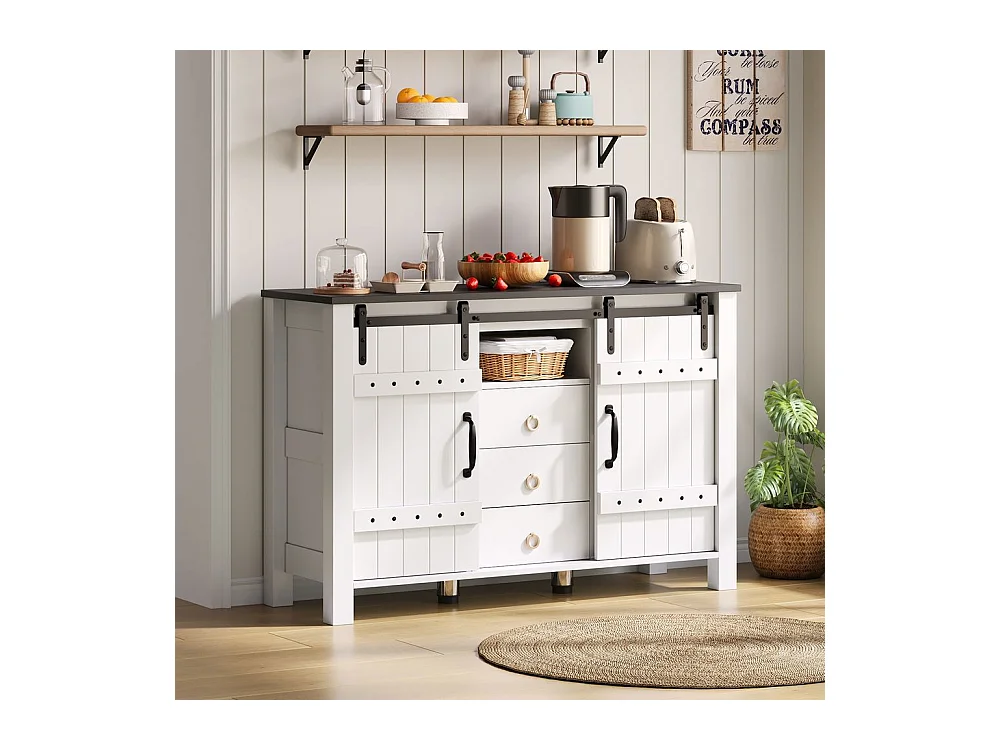 Buffet de cuisine espace rangement portes coulissantes 3 tiroirs bar café rustique bois blanc adapté cuisine salle à manger salon