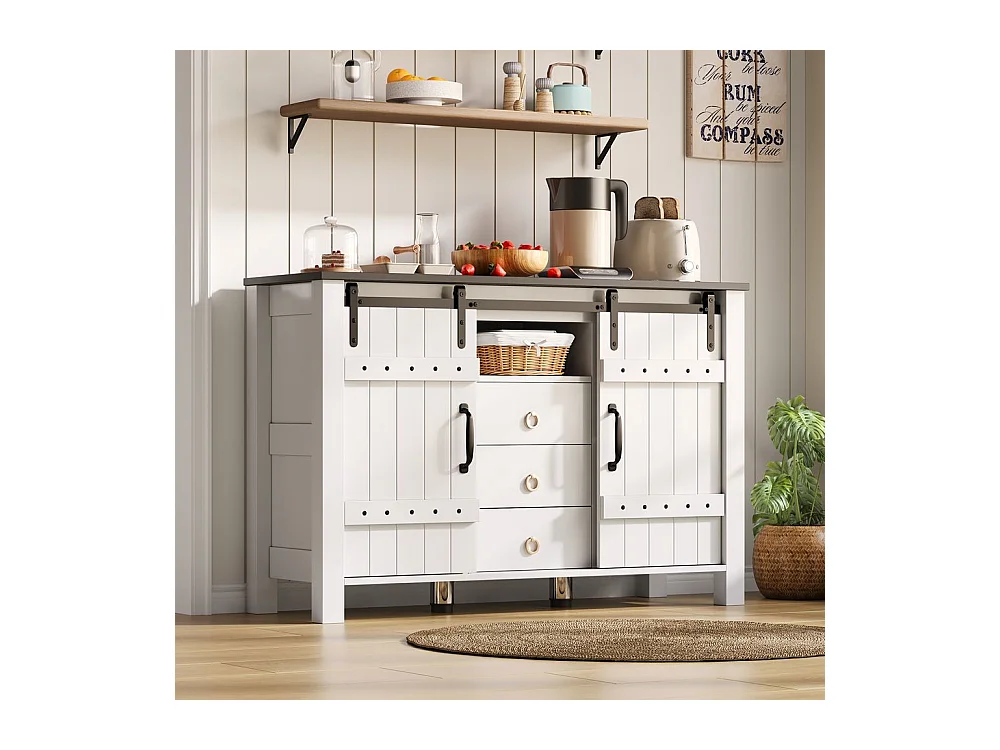 Buffet de cuisine espace rangement portes coulissantes 3 tiroirs bar café rustique bois blanc adapté cuisine salle à manger salon