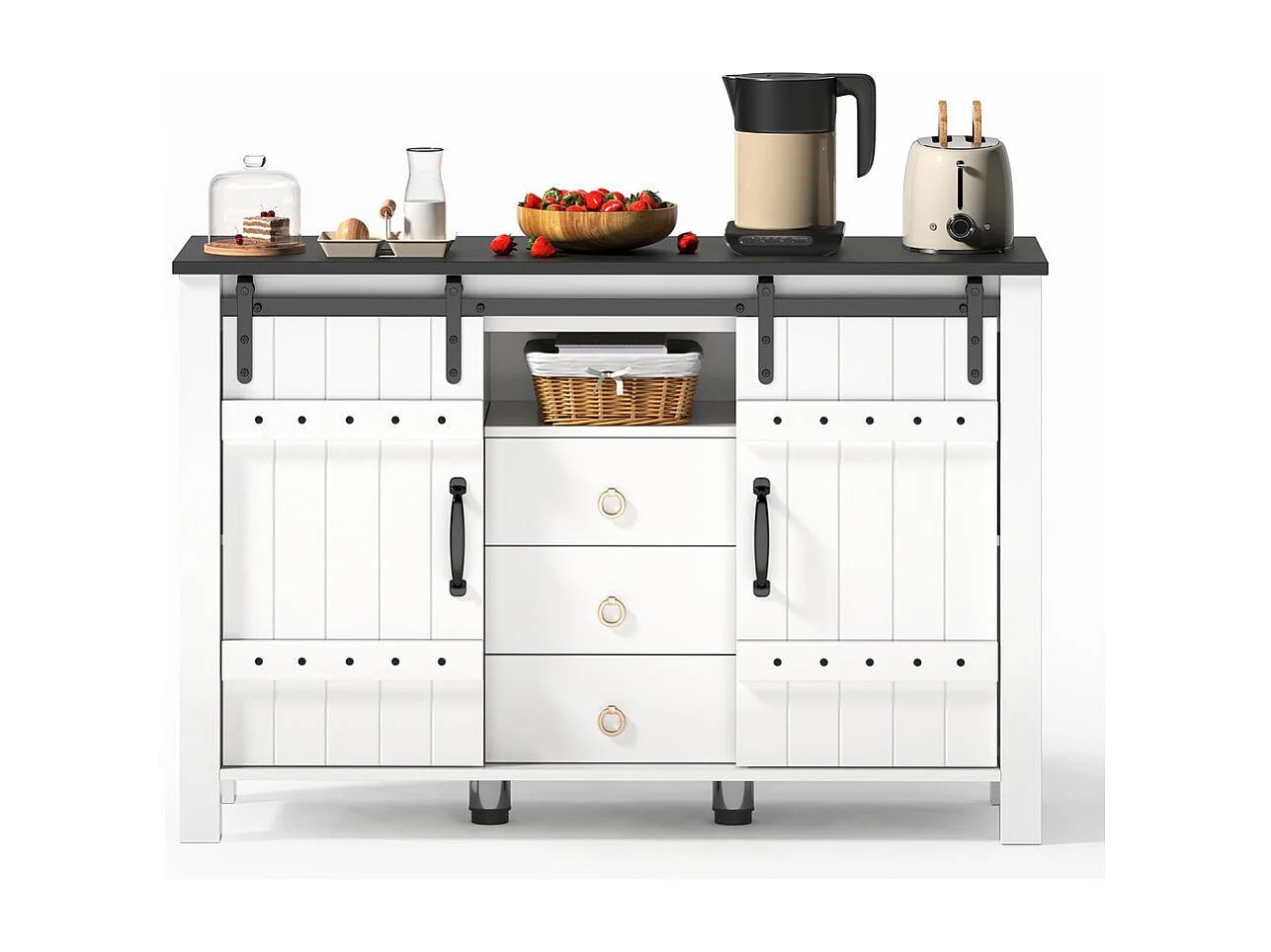 Buffet de cuisine espace rangement portes coulissantes 3 tiroirs bar café rustique bois blanc adapté cuisine salle à manger salon