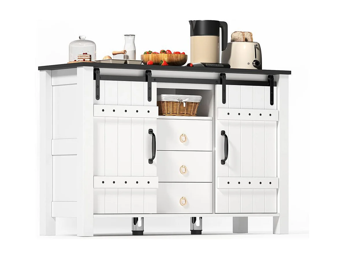 Buffet de cuisine espace rangement portes coulissantes 3 tiroirs bar café rustique bois blanc adapté cuisine salle à manger salon