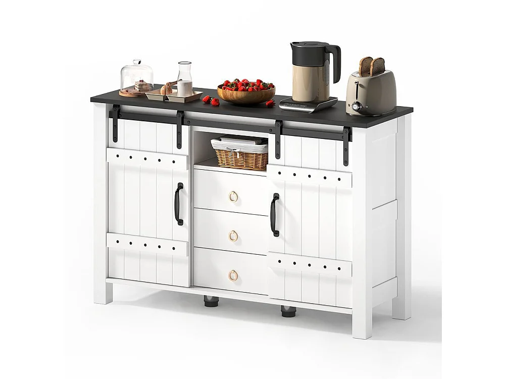 Buffet de cuisine espace rangement portes coulissantes 3 tiroirs bar café rustique bois blanc adapté cuisine salle à manger salon