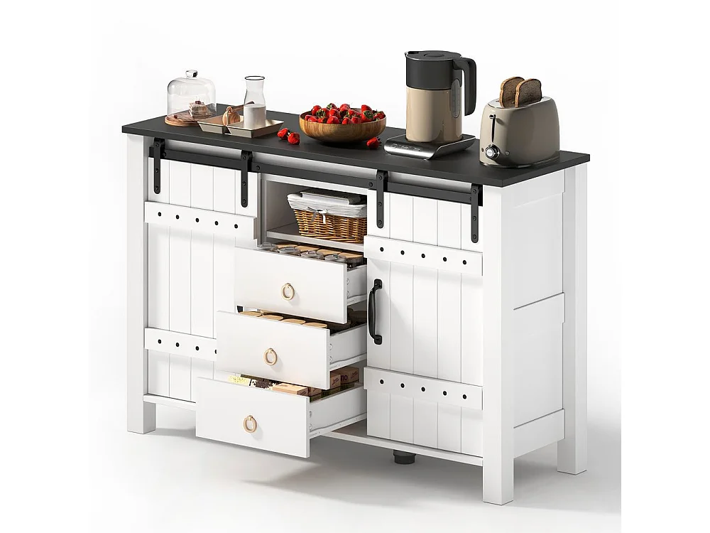 Buffet de cuisine espace rangement portes coulissantes 3 tiroirs bar café rustique bois blanc adapté cuisine salle à manger salon