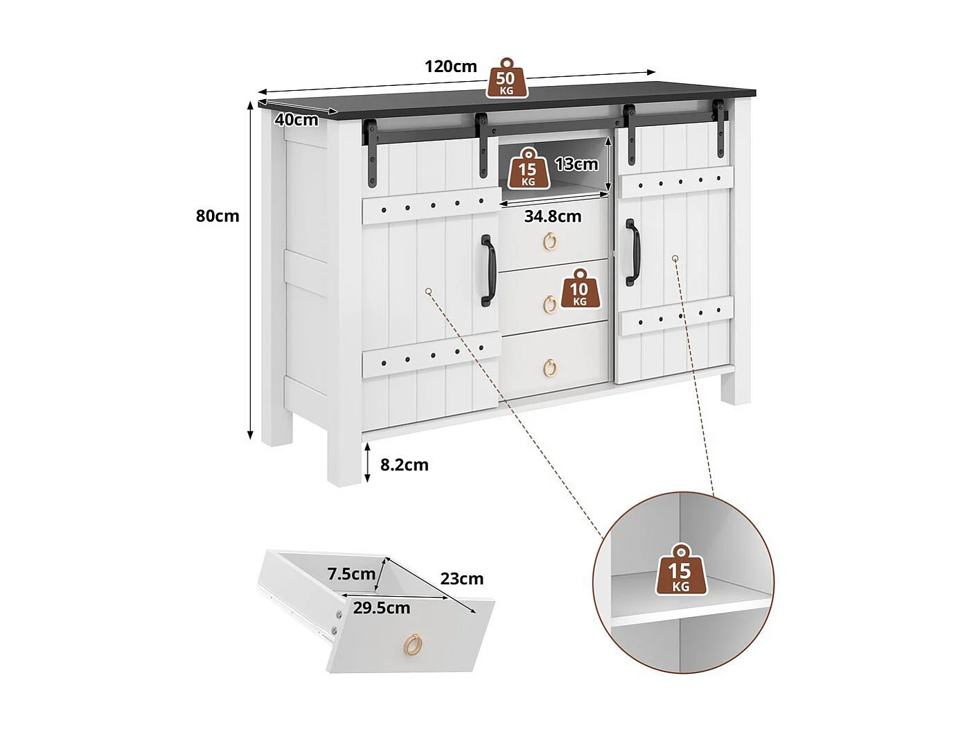 Buffet de cuisine espace rangement portes coulissantes 3 tiroirs bar café rustique bois blanc adapté cuisine salle à manger salon
