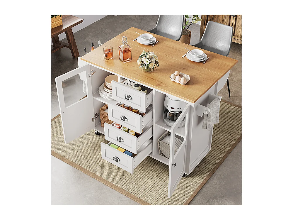 Buffet de cuisine îlot de cuisine chariot cuisine coulissant roulettes porte-serviettes étagère épices tablettes réglables 2 portes 4 tiroirs blanc
