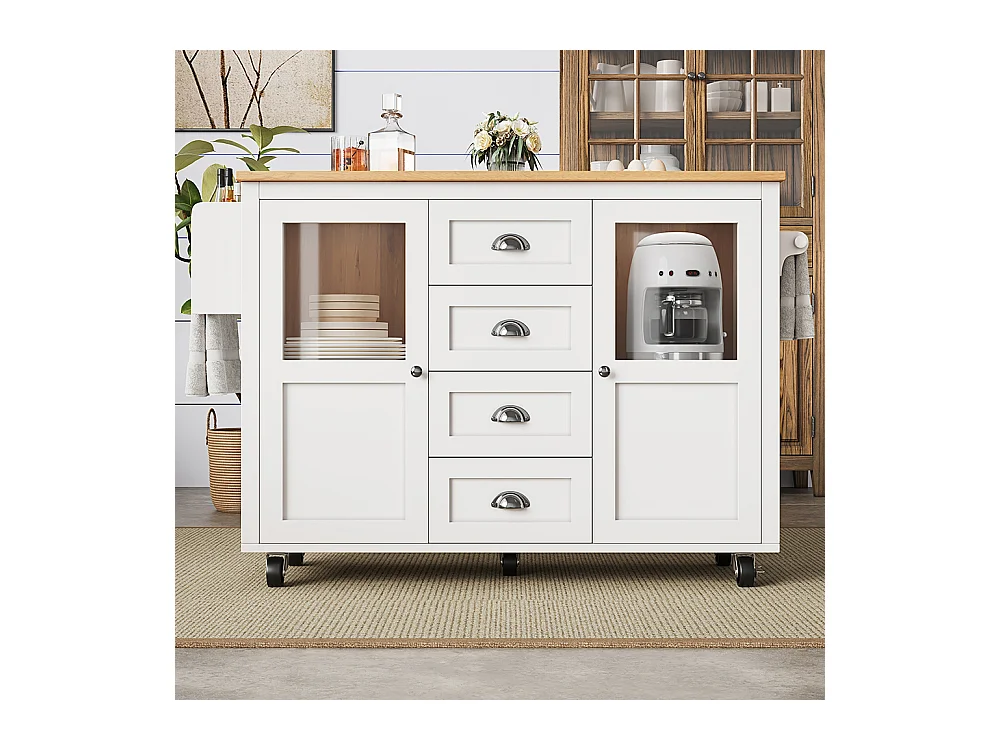 Buffet de cuisine îlot de cuisine chariot cuisine coulissant roulettes porte-serviettes étagère épices tablettes réglables 2 portes 4 tiroirs blanc