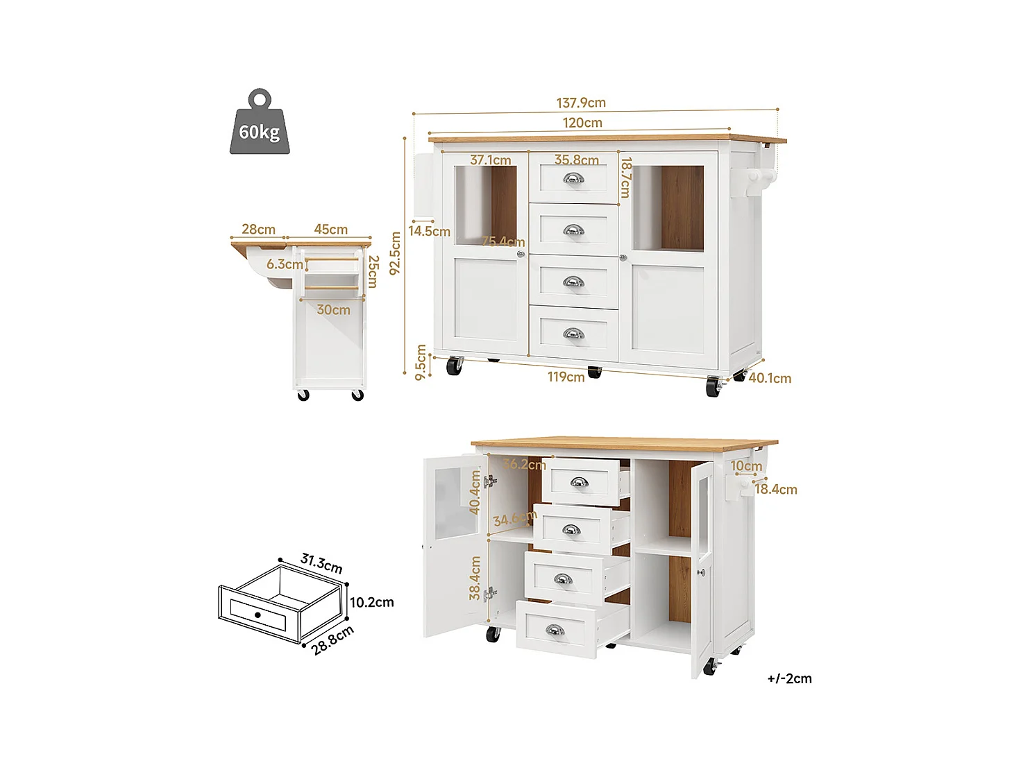 Buffet de cuisine îlot de cuisine chariot cuisine coulissant roulettes porte-serviettes étagère épices tablettes réglables 2 portes 4 tiroirs blanc