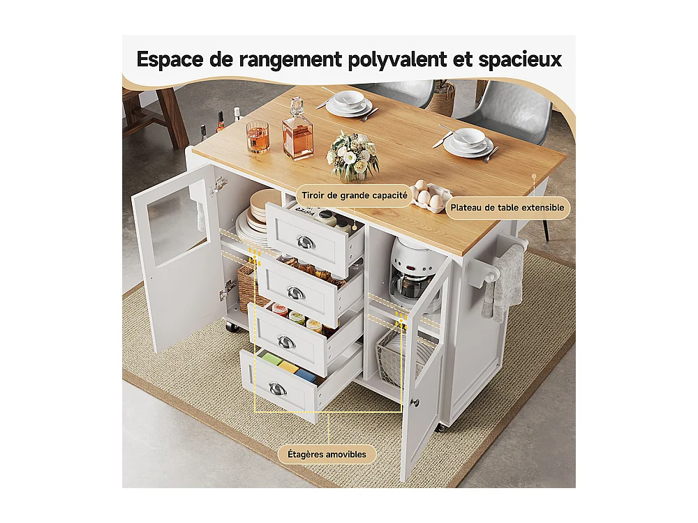 Buffet de cuisine îlot de cuisine chariot cuisine coulissant roulettes porte-serviettes étagère épices tablettes réglables 2 portes 4 tiroirs blanc