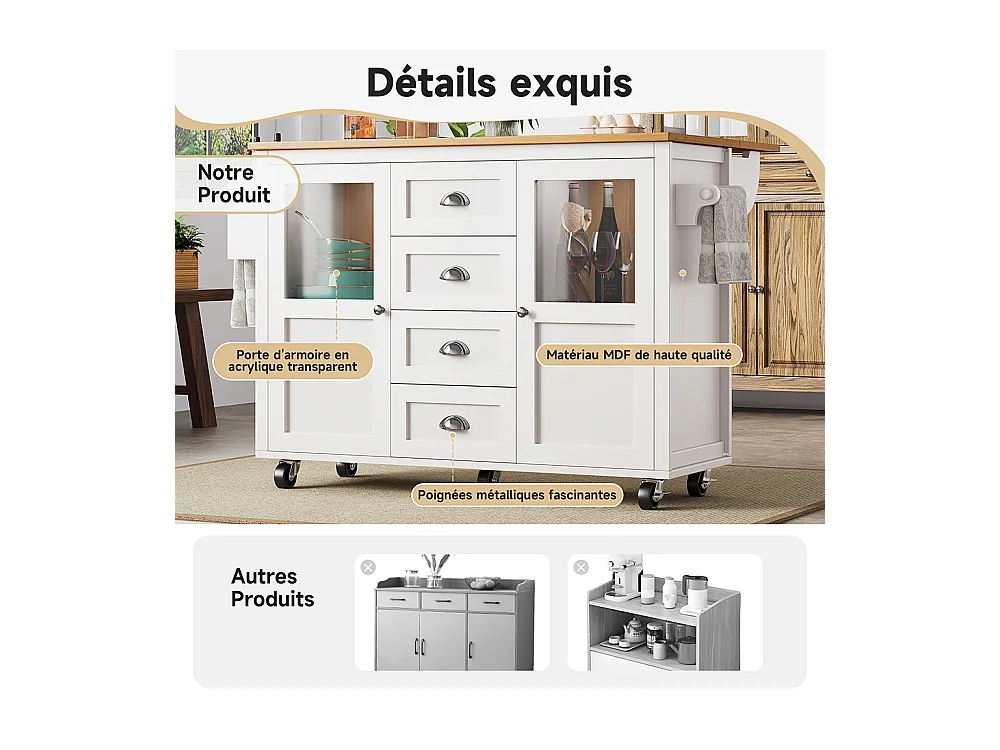Buffet de cuisine îlot de cuisine chariot cuisine coulissant roulettes porte-serviettes étagère épices tablettes réglables 2 portes 4 tiroirs blanc