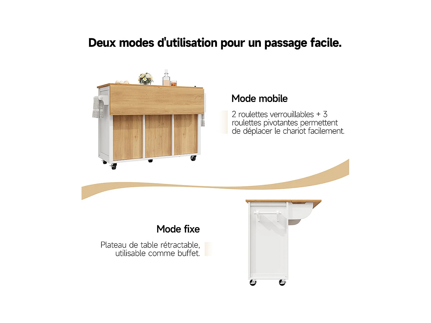 Buffet de cuisine îlot de cuisine chariot cuisine coulissant roulettes porte-serviettes étagère épices tablettes réglables 2 portes 4 tiroirs blanc