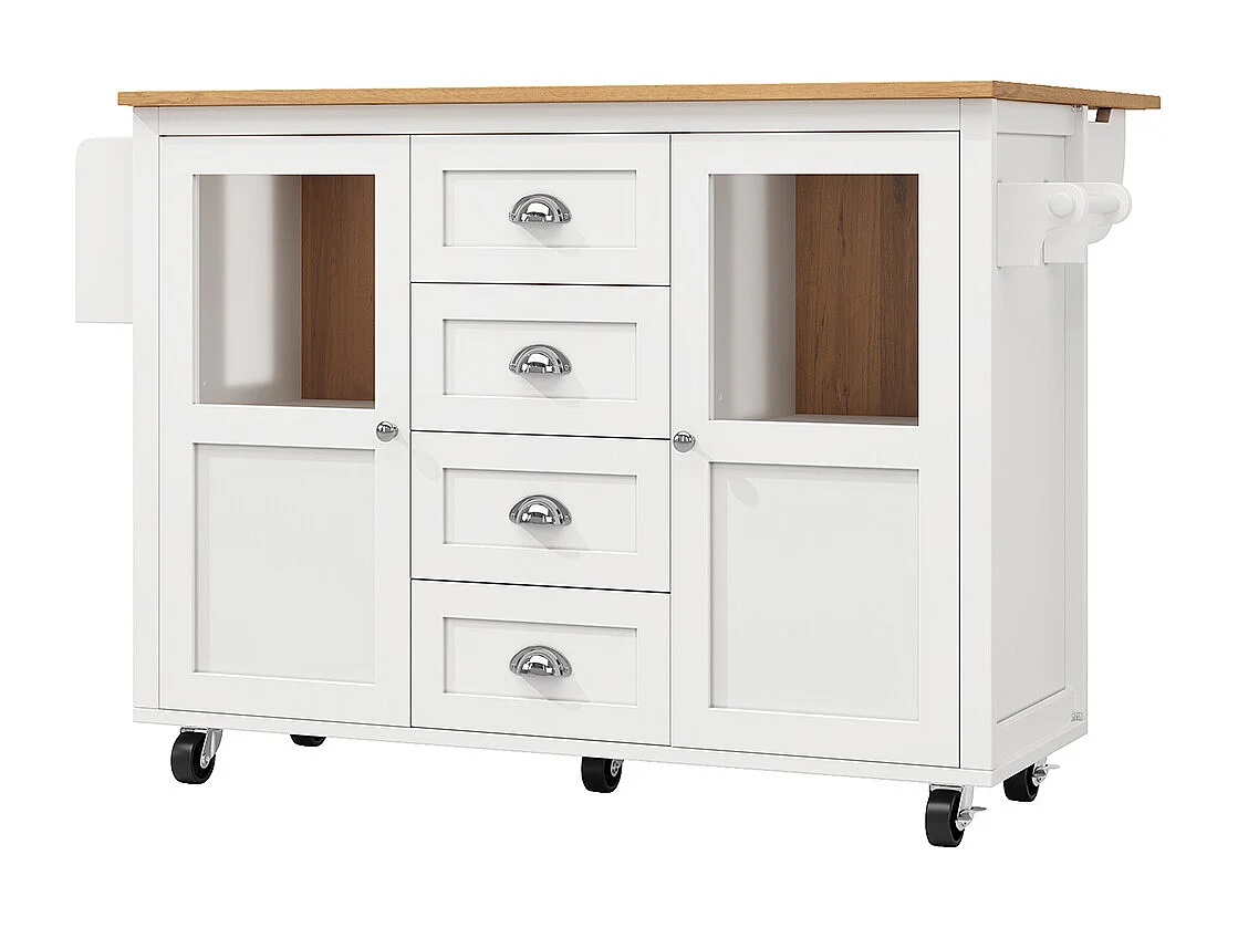 Buffet de cuisine îlot de cuisine chariot cuisine coulissant roulettes porte-serviettes étagère épices tablettes réglables 2 portes 4 tiroirs blanc