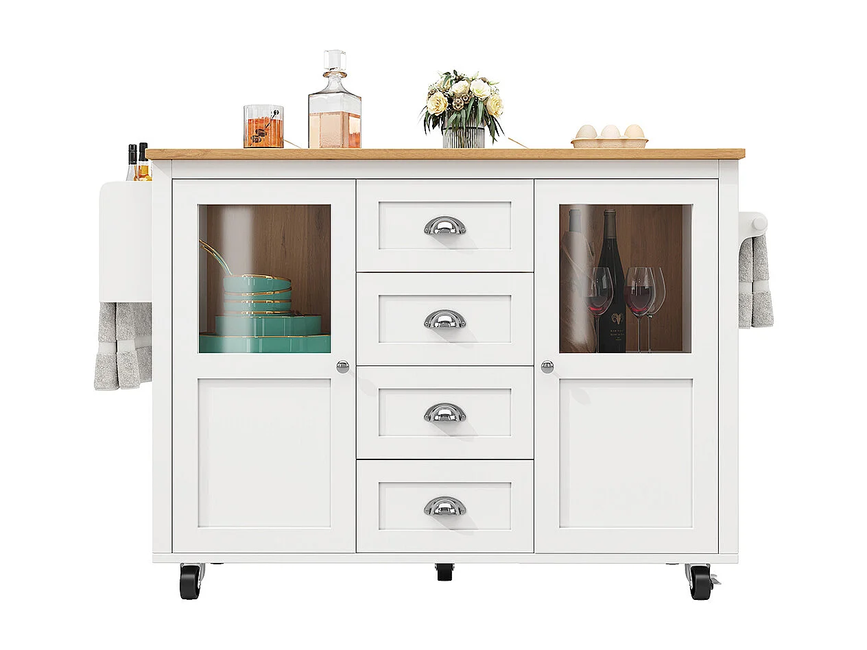 Buffet de cuisine îlot de cuisine chariot cuisine coulissant roulettes porte-serviettes étagère épices tablettes réglables 2 portes 4 tiroirs blanc