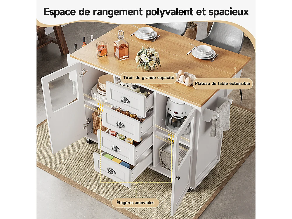 Buffet de cuisine îlot de cuisine chariot cuisine coulissant roulettes porte-serviettes étagère épices tablettes réglables 2 portes 4 tiroirs blanc