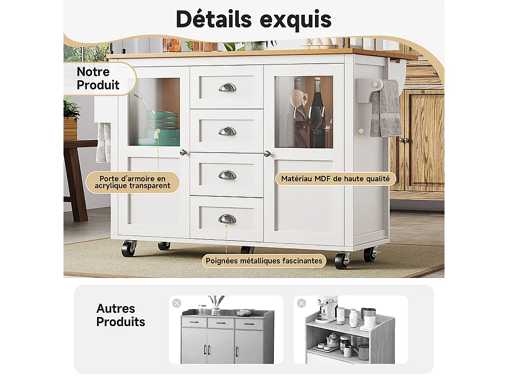 Buffet de cuisine îlot de cuisine chariot cuisine coulissant roulettes porte-serviettes étagère épices tablettes réglables 2 portes 4 tiroirs blanc